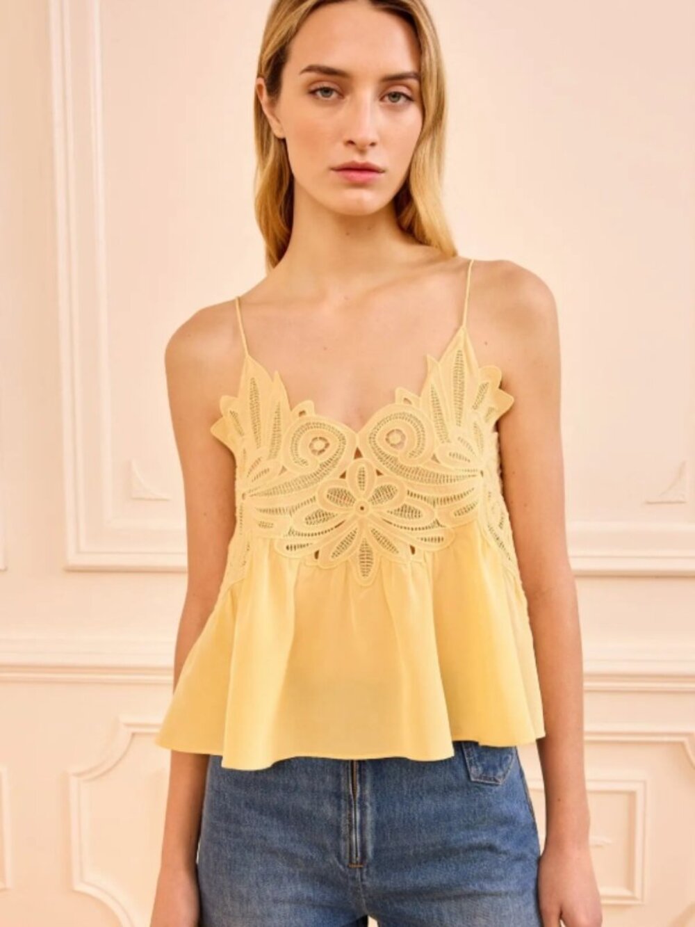 NWOT ULLA JOHNSON Rosie Lace Applique Silk Tank Top in Dandelion XXS $590